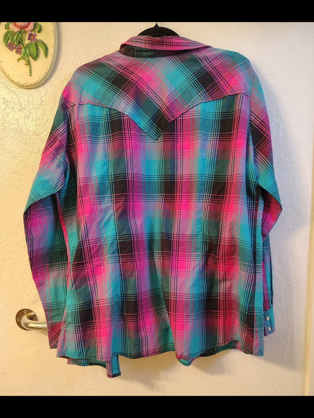 Wrangler Plaid Snap-Down Shirt in Teal & Pink - Picture 2 of 3